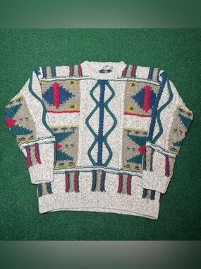 Boston Traders 3D Knit Chunky Coogi Style S/M 19x22 Sweater Vintage 90s Crewneck